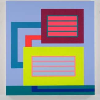 Toile d'art abstrait géométrique multicolore exposée au mur