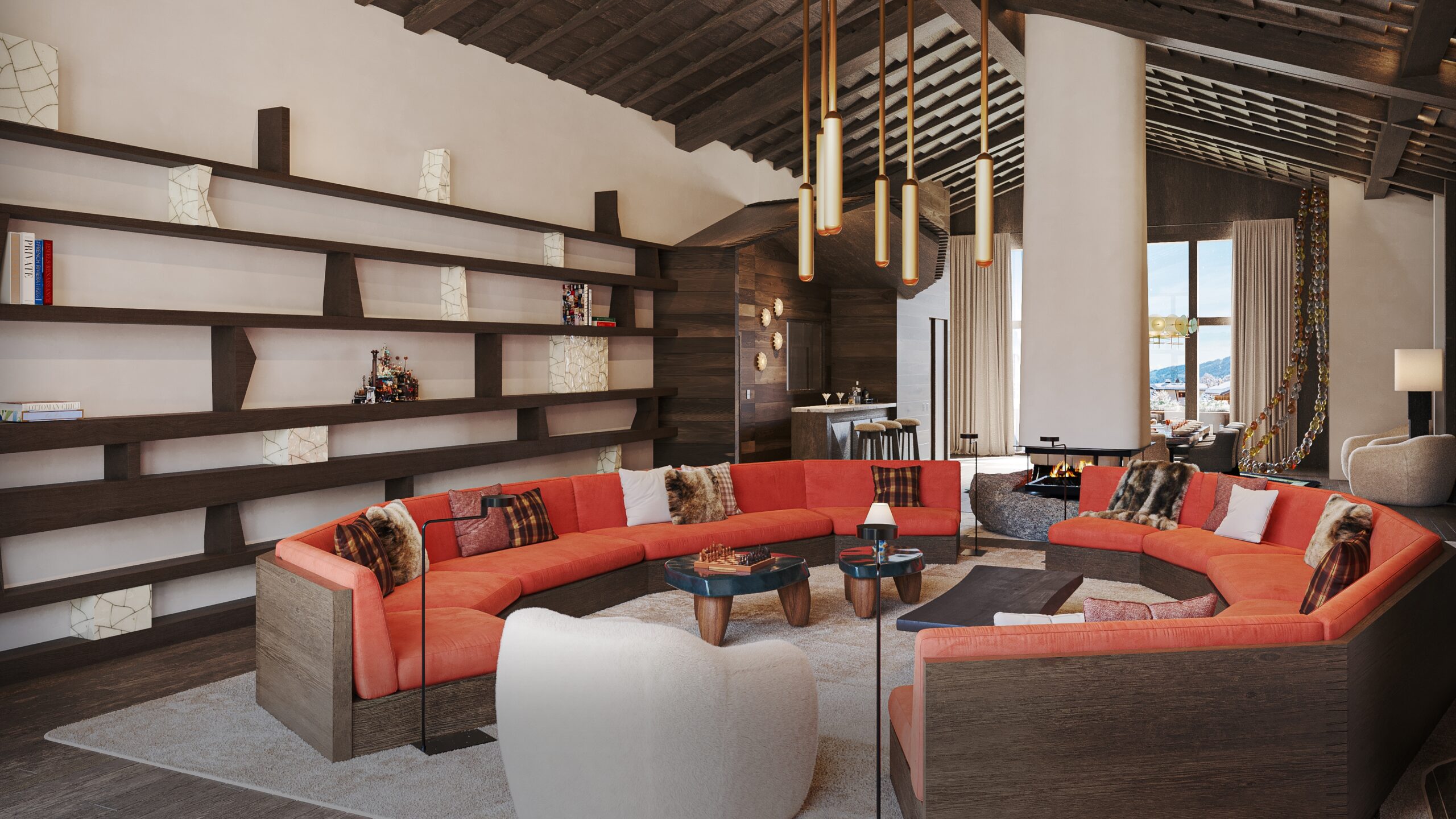 Panoramic interior view of the Studio Chalet by Norki, large orange sofa and luxury decoration