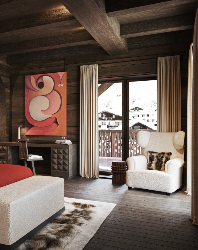 Chalet master bedroom designed by Norki with fur armchair