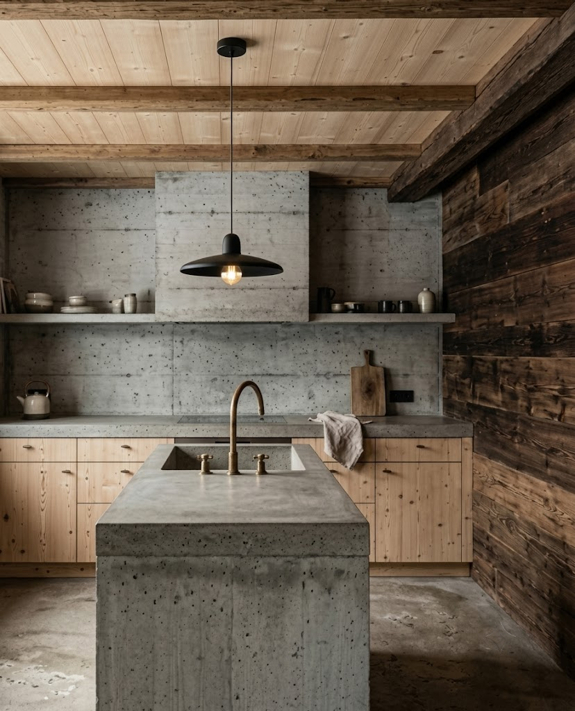 Cuisine contemporaine et épurée dans un chalet traditionnel mêlant vieux bois et îlot central en béton