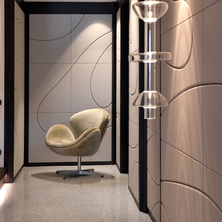 Vintage Swan swivel armchair upholstered by Norki, set on terrazzo flooring in front of a graphic wall