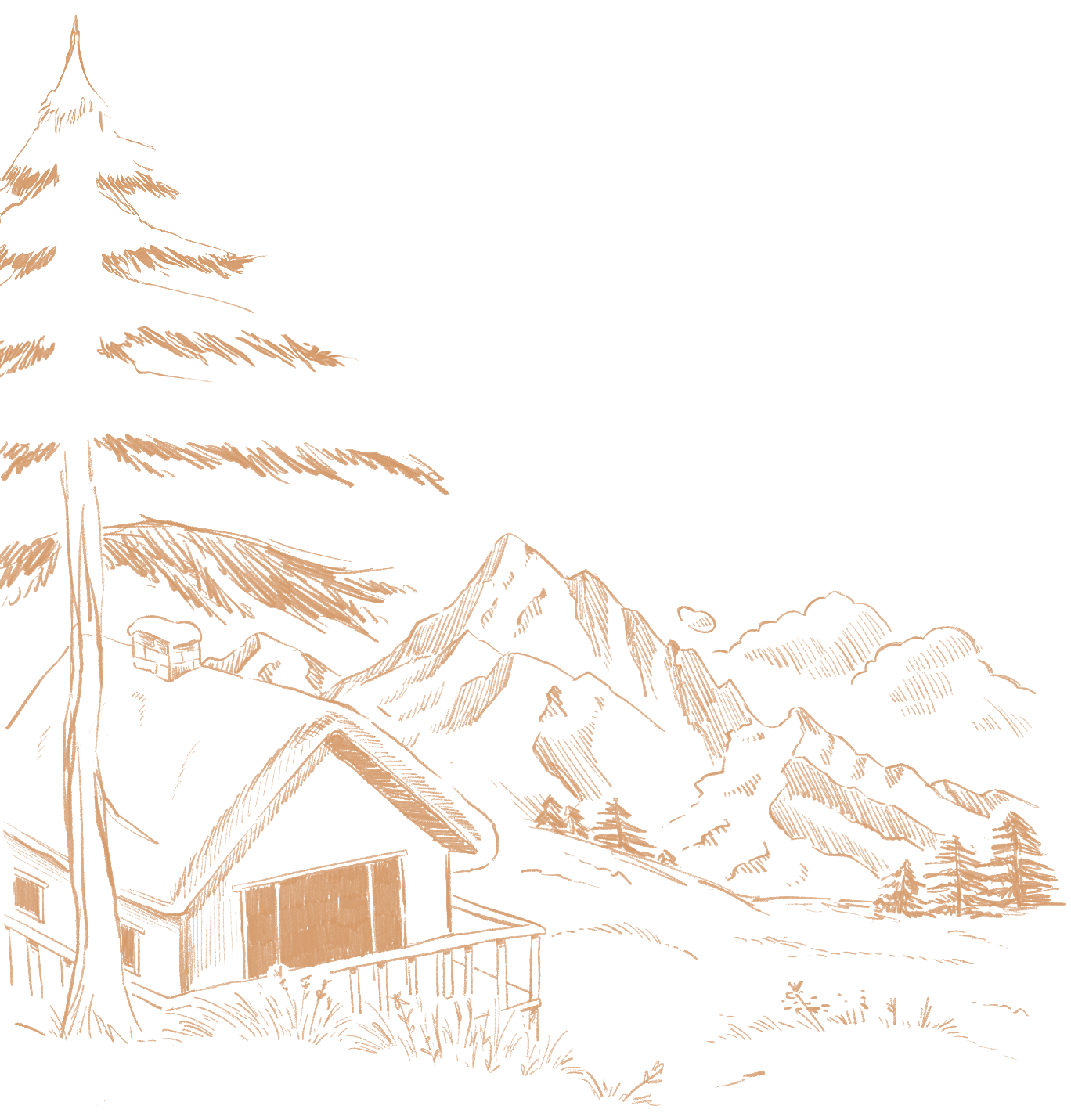 Illustrative sketch of chalets and alpine mountains
