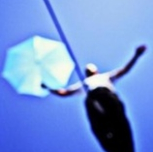 Figurative blue graphic art of a silhouette holding an umbrella