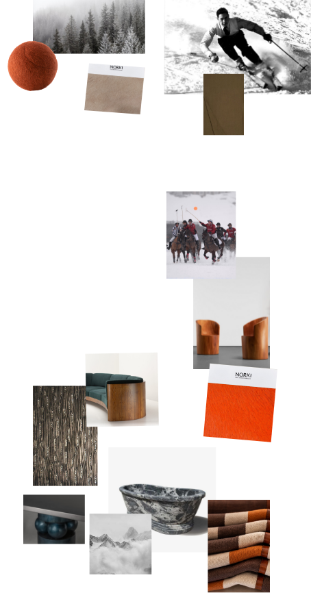 Interior design inspiration moodboard and collage for The Skier's Chalet in Saint-Moritz - Mobile Version
