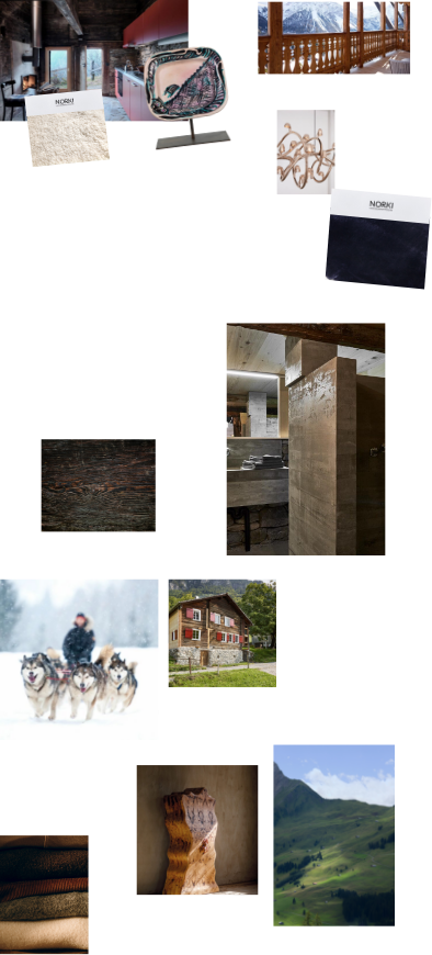 Moodboard d'inspiration et de matières pour le chalet traditionnel du XXIe siècle - Version Mobile
