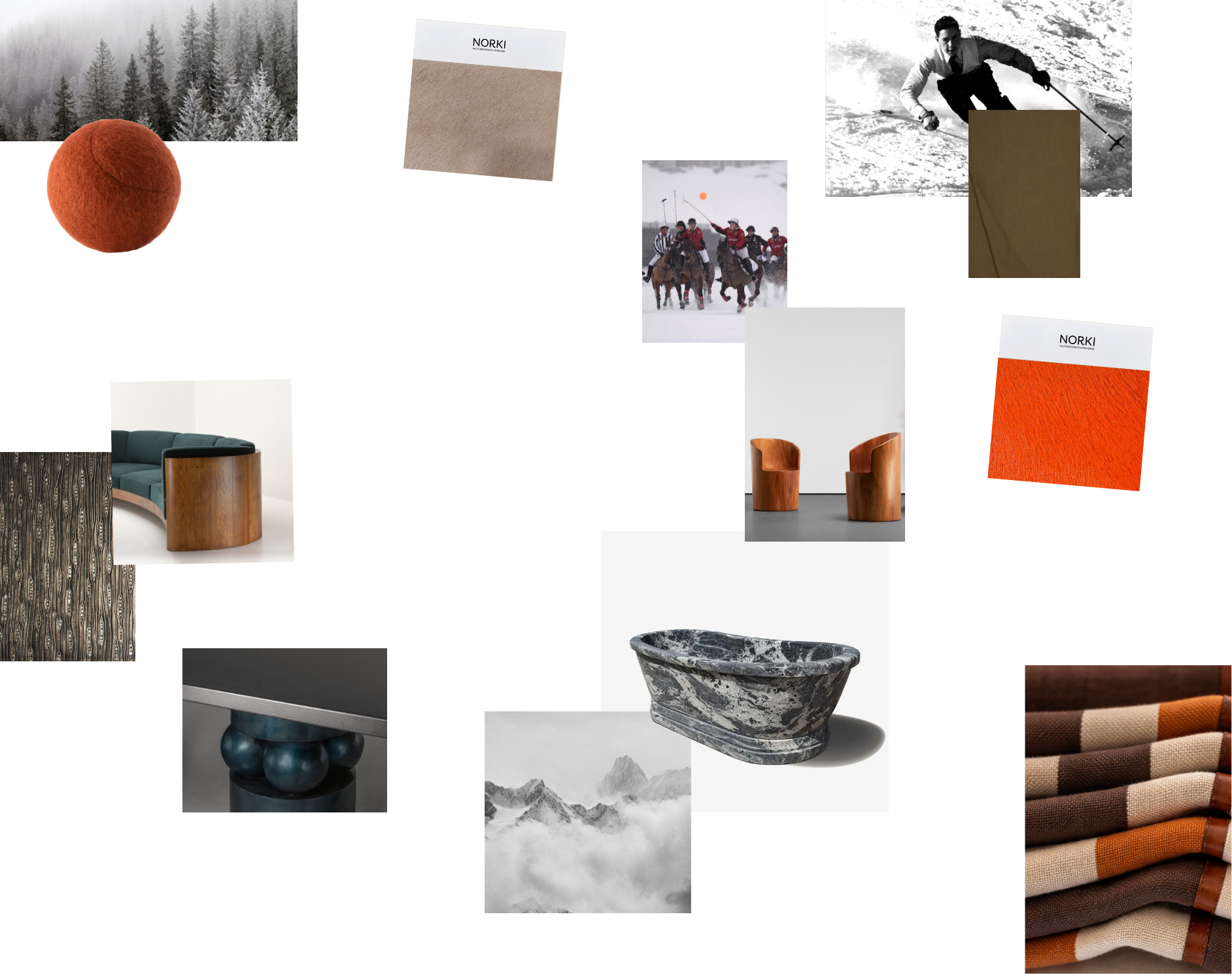 Interior design inspiration moodboard and collage for The Skier's Chalet in Saint-Moritz