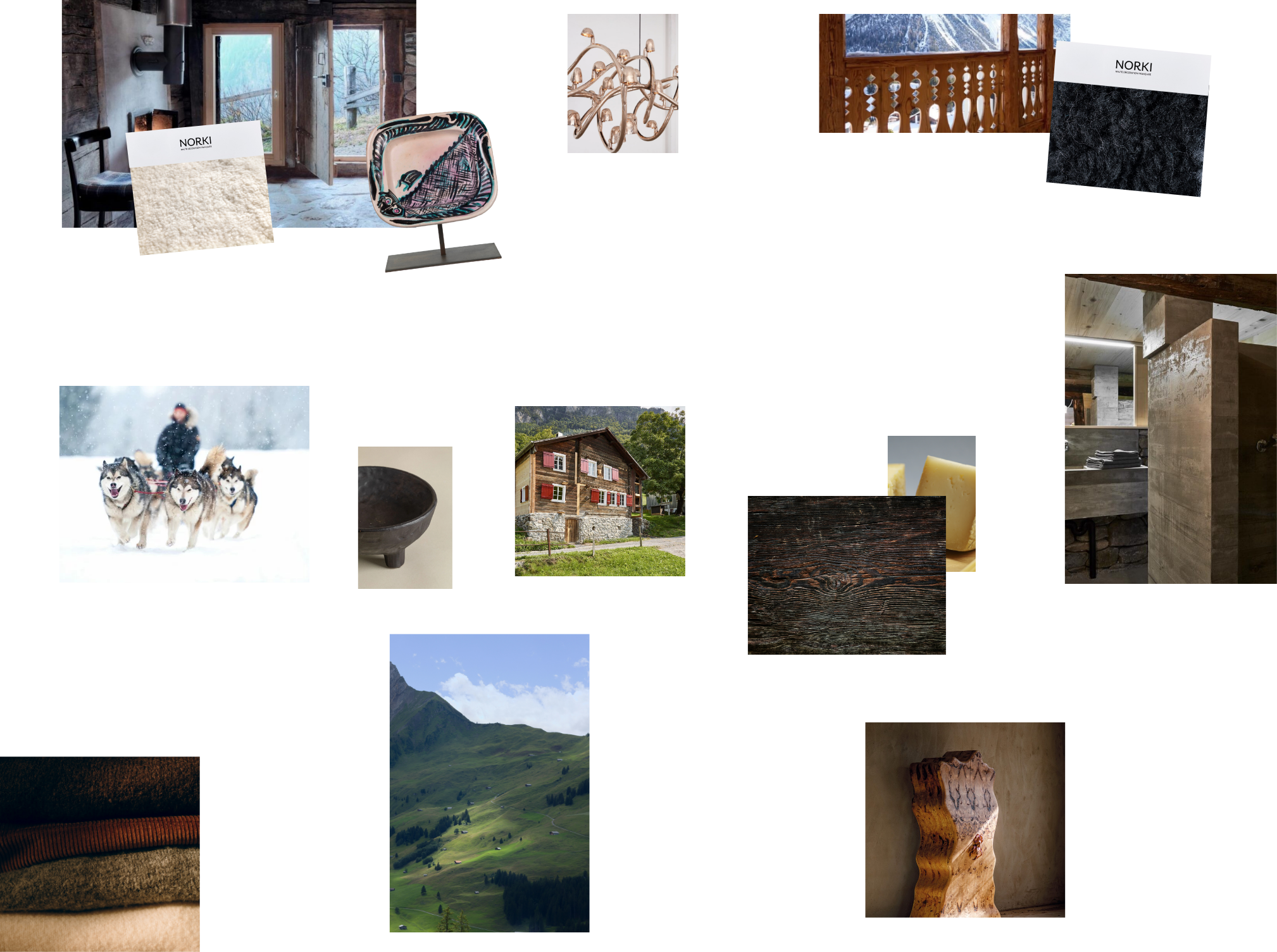 Moodboard d'inspiration et de matières pour le chalet traditionnel du XXIe siècle