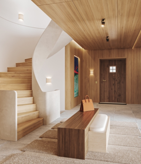 Détail architectural intérieur avec escalier contemporain en bois clair et assise minimaliste