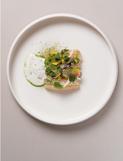 Plat gastronique dane assiette blanche