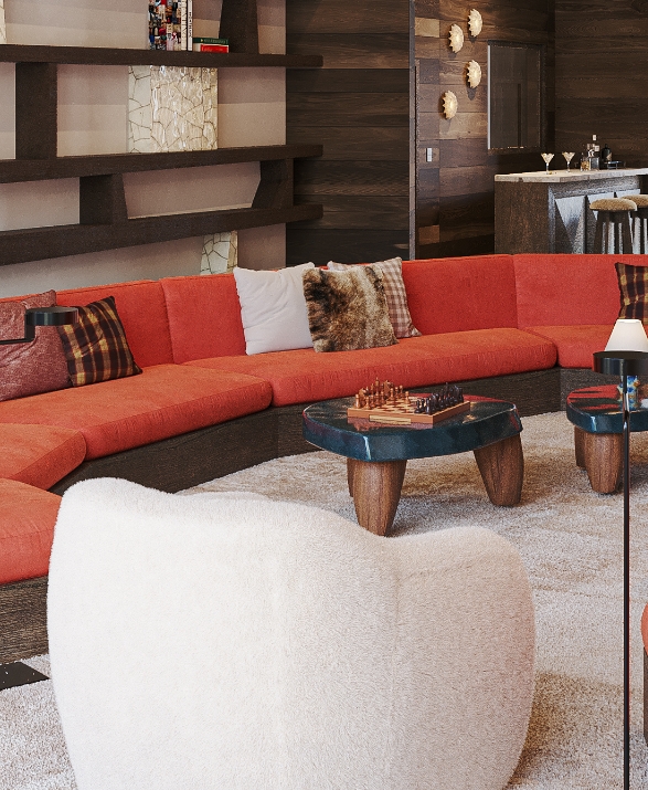 Chalet Moreta - Salon orange et fauteuil Coco blanc Norki