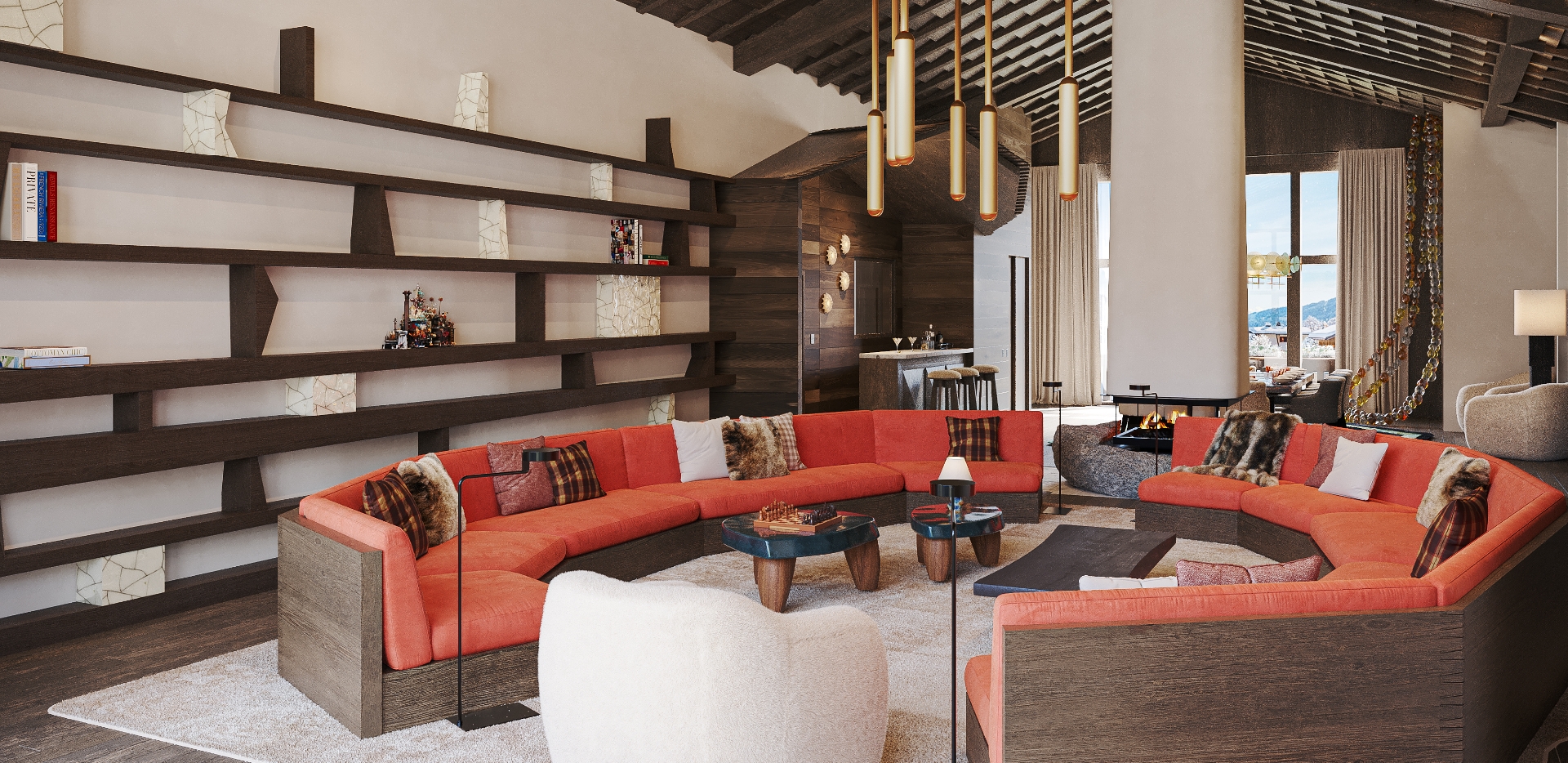 Grand salon contemporain de chalet alpin sur-mesure avec canapé panoramique, Fauteuil Coco en peau d'agneau blanche Norki, Tapis Rue de Seine beige et Plaid Québec en coyote