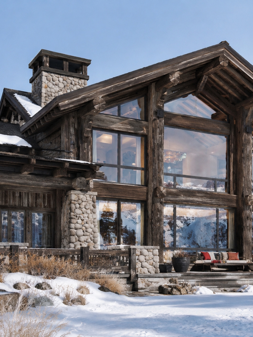 Façade extérieure contemporaine du chalet enneigé à Courchevel