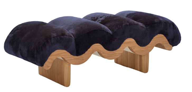 Blue contemporary Presto bench in wood and velvet shearling by Norki