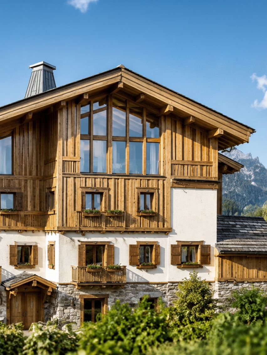 Façade en bois du majestueux chalet de luxe au Mont d'Arbois à Megève