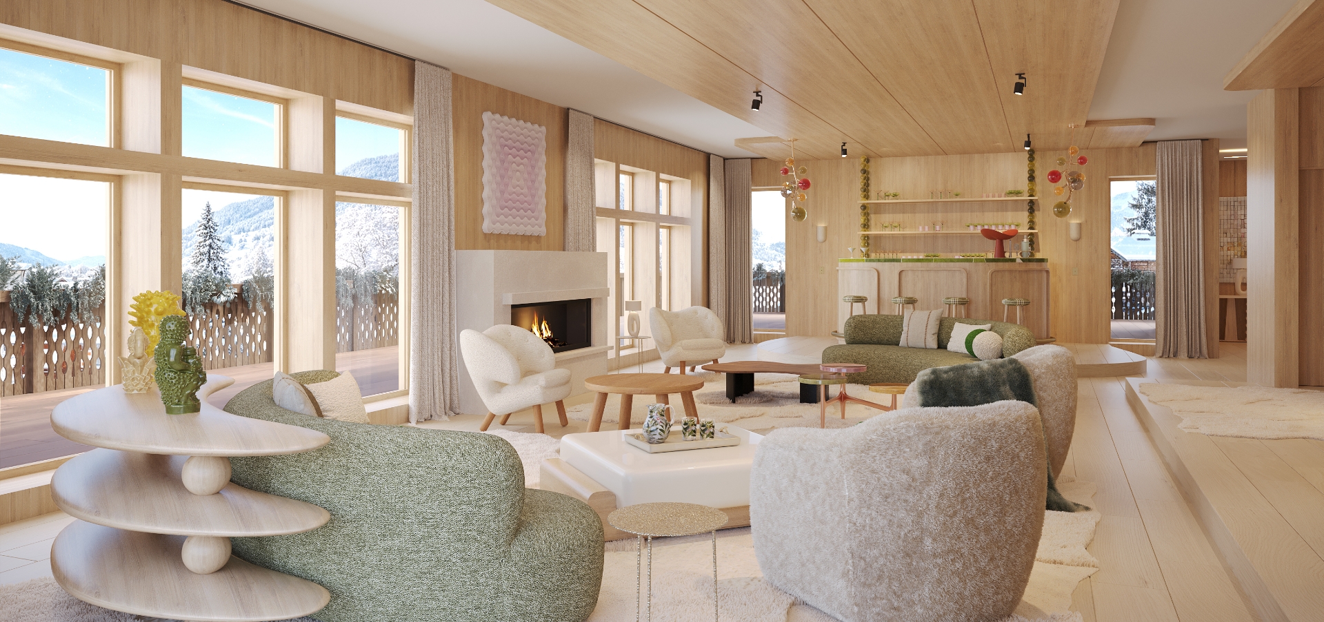 Grand salon de luxe chalet Megève avec aménagement intérieur d'exception par Studio Norki