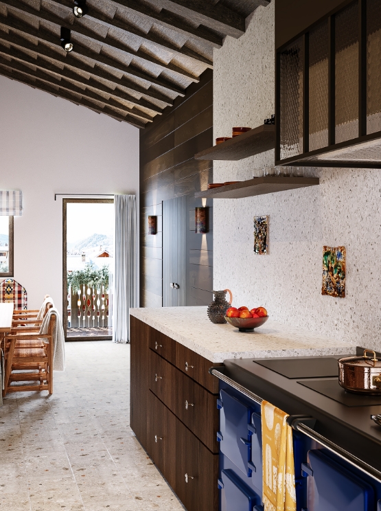Cuisine de luxe d'un chalet avec détails en bois sombre et pierre naturelle