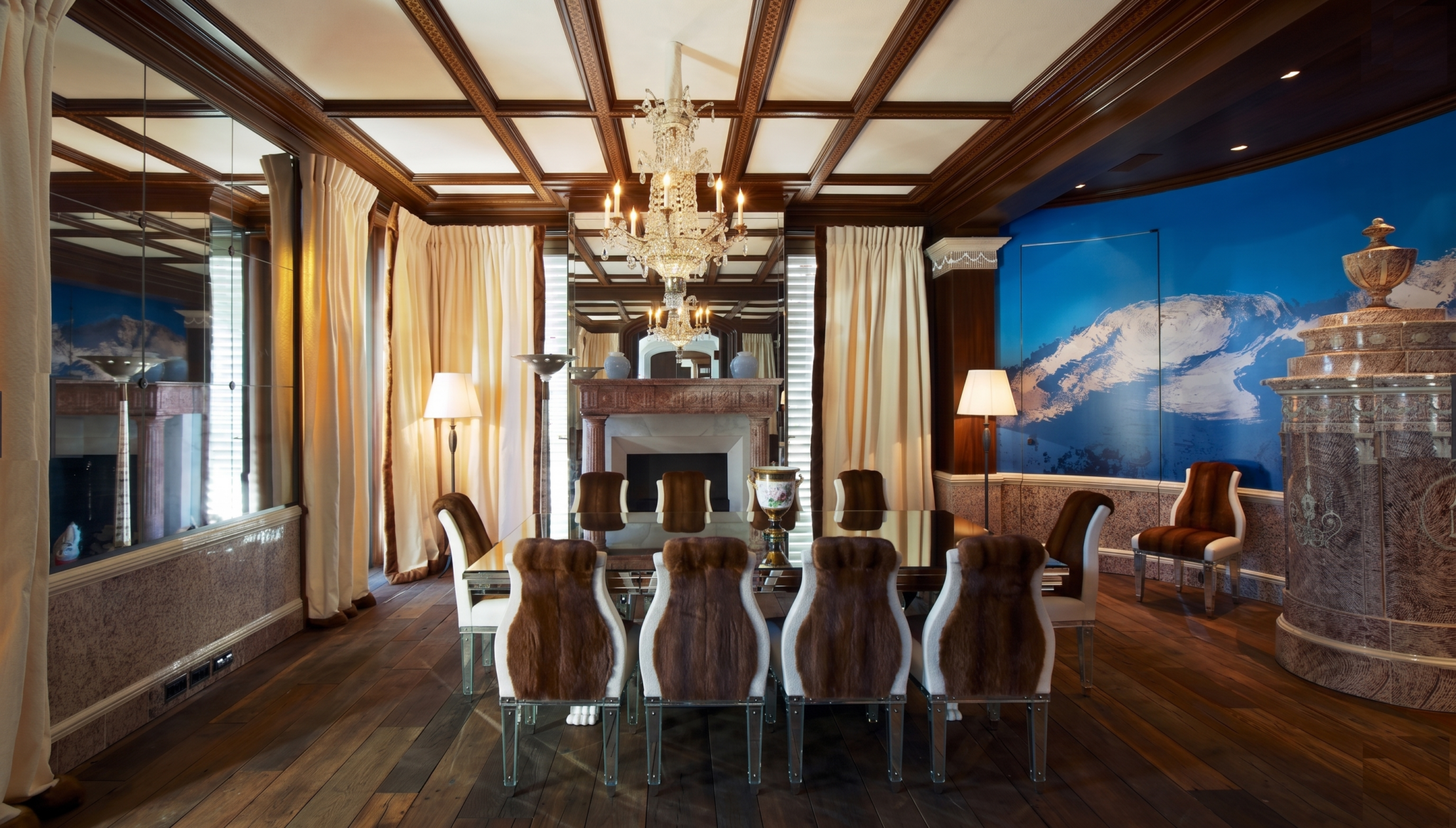 Exceptional dining room of a chalet in St. Moritz with chairs and seats clad in precious pelts by Norki bespoke upholstery workshops