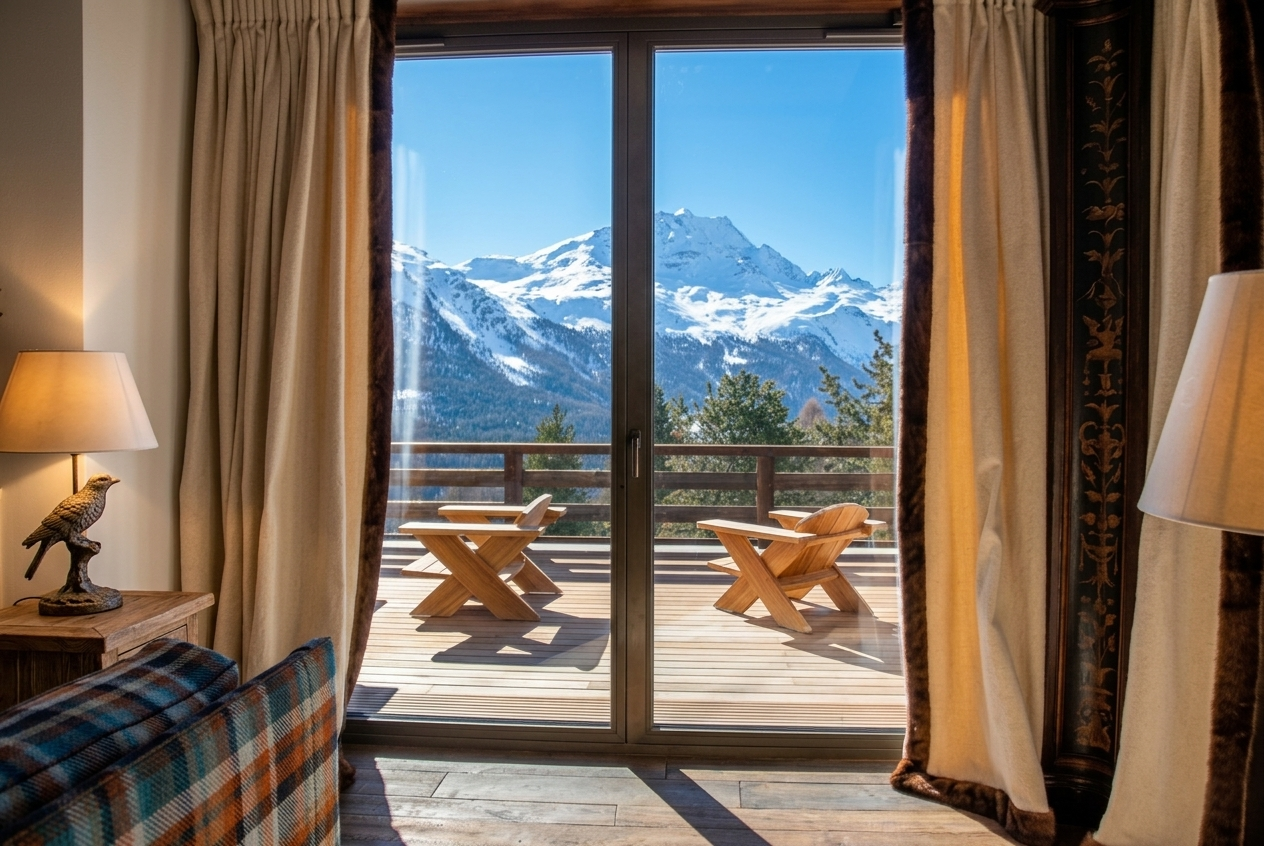 Majestic custom-made curtains with golden mink trim opening onto the Alps
